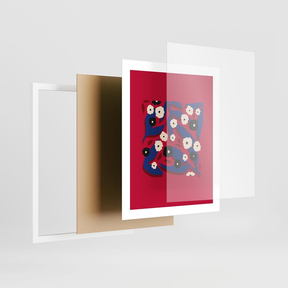 Plakat w ramie 40x50 - Kolorowe Przenikanie - abstrakcyjna kwiatowa kompozycja, czerwone mocne tło - rama biała