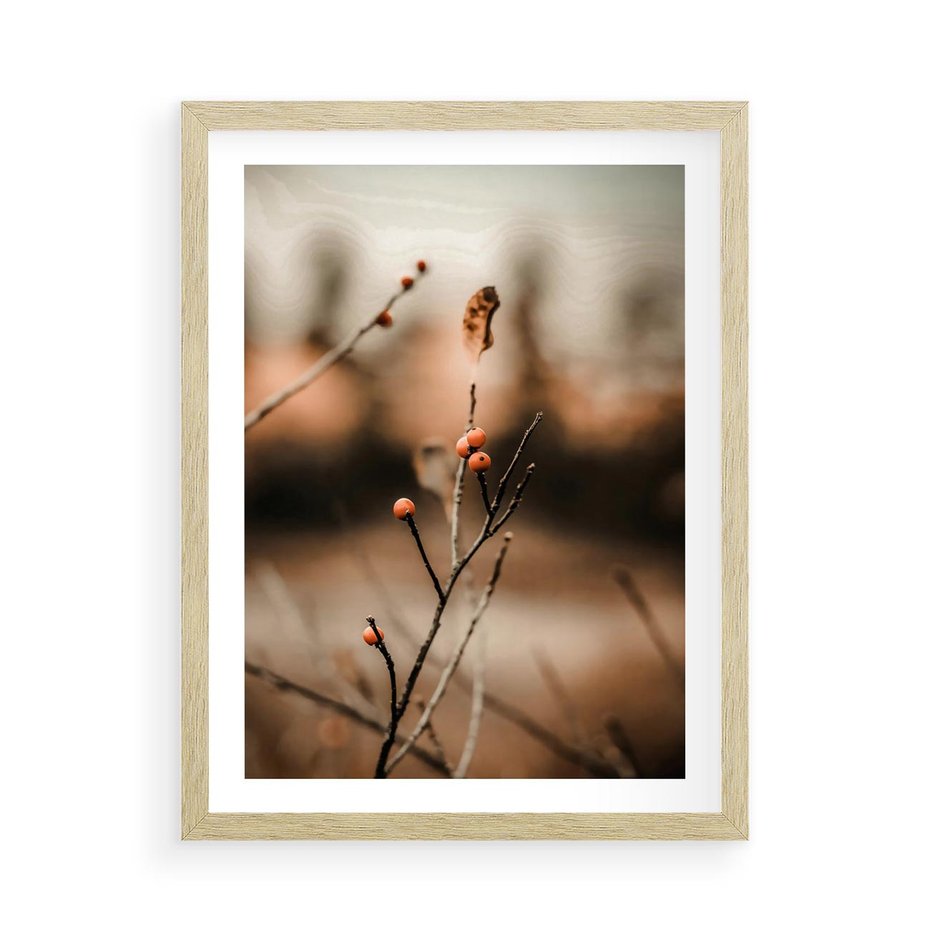 Plakat w ramie 50x70 - Jarzębina w Pejzażu - jesień, gałązka - rama drewno