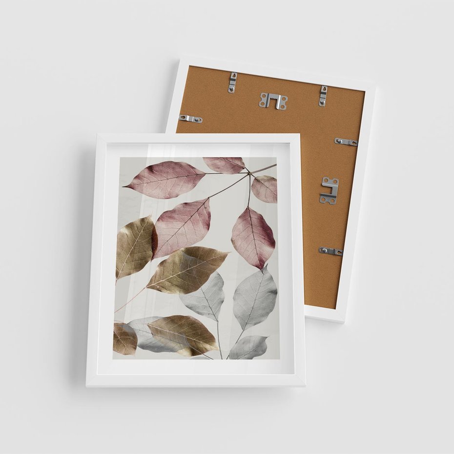 Plakat w ramie 40x50 - Pastelowe Liście z Nutką Złota - liście, pastelowe kolory - rama biała
