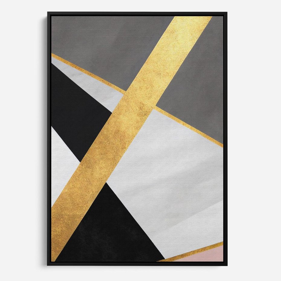 Obraz w ramie 70x100 - Pudrowe Abstrakcyjne Lustra - złote abstrakcyjne linie, szarość - rama czarna