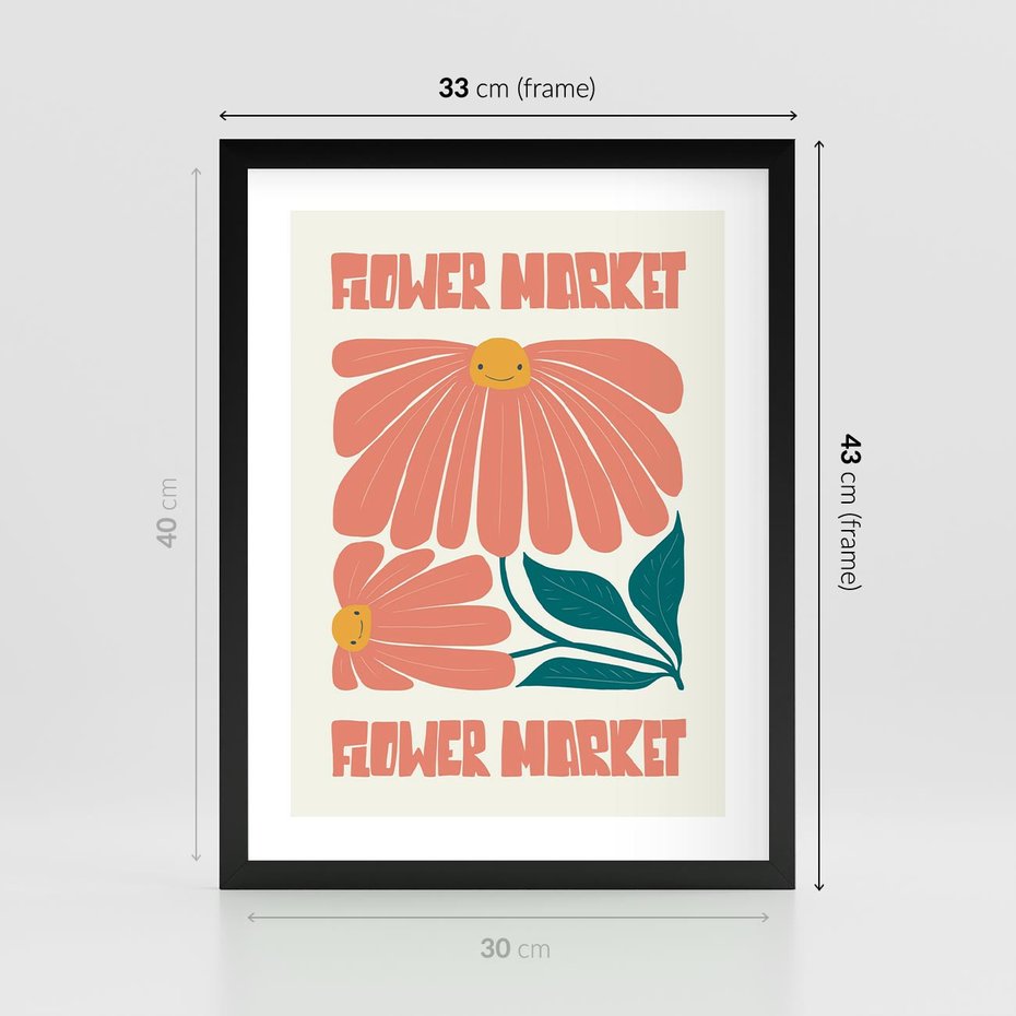 Plakat w ramie 30x40 - Grafika Pełna Radości - wesoła grafika, uśmiechnięte kwiaty - rama czarna