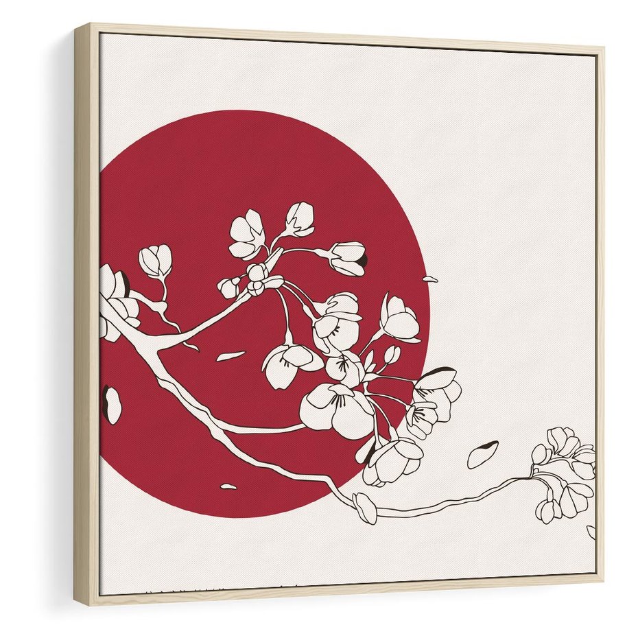 Obraz w ramie 50x50 - Esencja Zen - kwiatnąca wiśnia, orientalna grafika - rama drewno