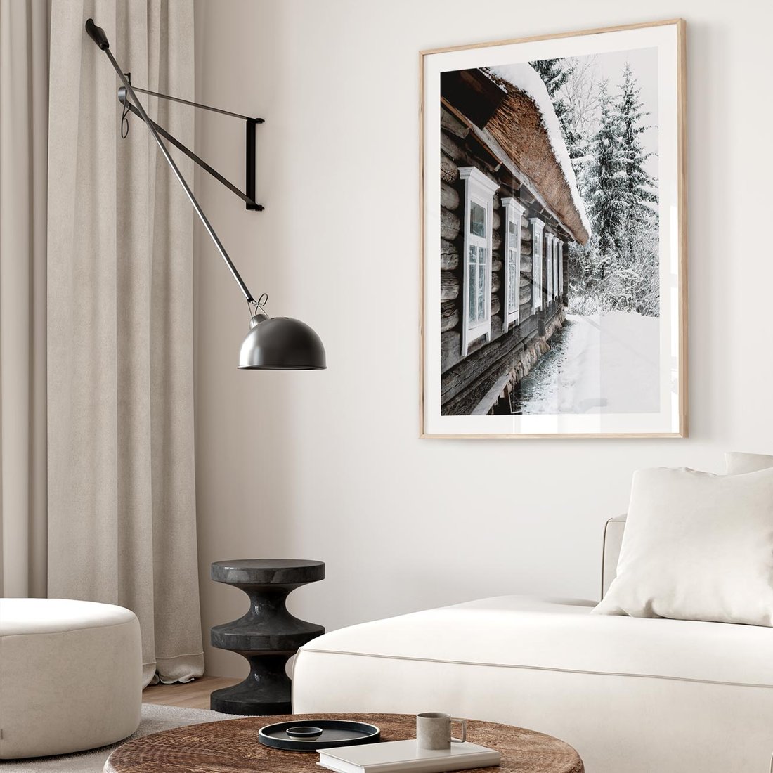 Plakat w ramie 30x40 - Cicha Zima - zima, domek w górach - rama drewno