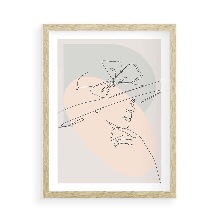 Plakat w ramie 50x70 - Twarz Kobiety w Pastelach - minimalistyczna grafika, pastelowe tłó - rama drewno