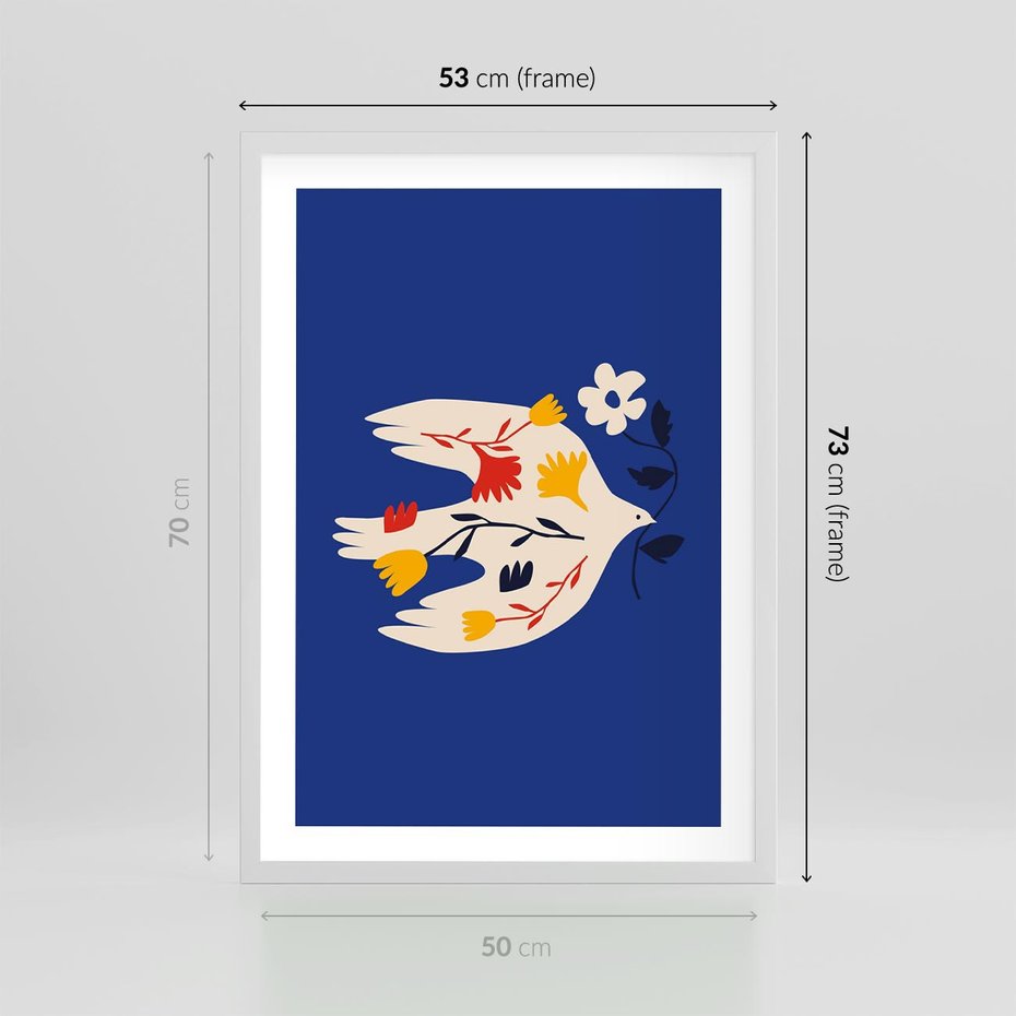Plakat w ramie 50x70 - Bezczasowy Szept - niebieskie tło, abstrakcyjny biały ptak - rama biała
