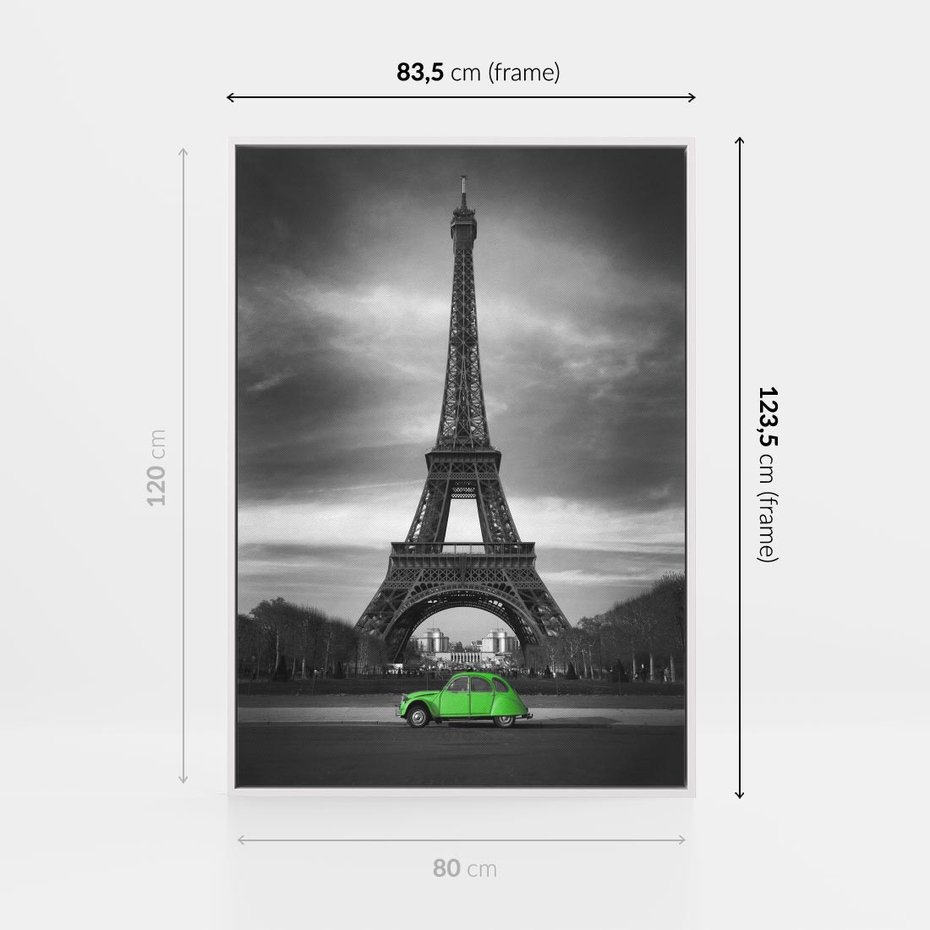Obraz w ramie 80x120 - Paryskie Romantyczne Spotkanie - Eiffla, samochód - rama biała