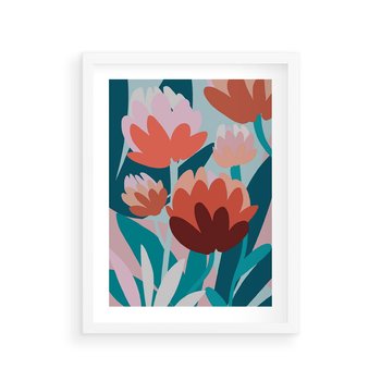 Plakat w ramie 30x40 - Symfonia Kwiatów - abstrakcyjna kompozycja kwiatowych form, kolor zgaszone - rama biała