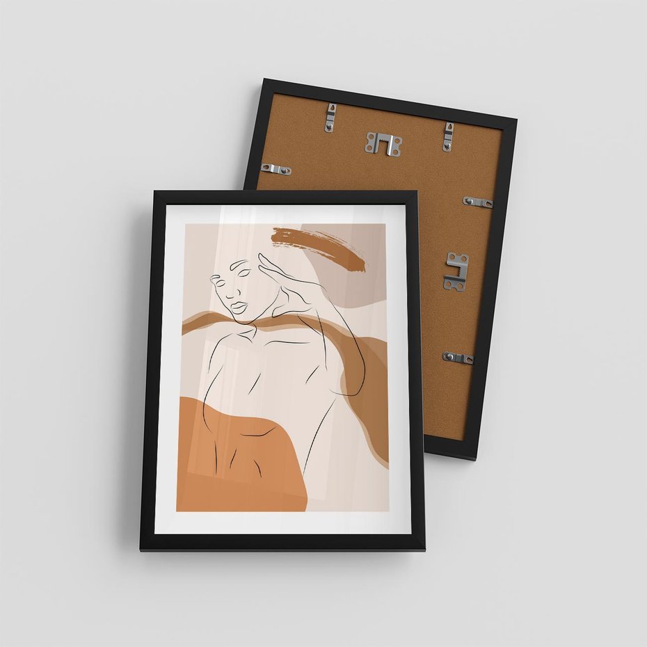 Plakat w ramie 30x40 - Sztuka Piękna w Beżach i Brązach - szkic jedną linią, naga kobieta - rama czarna