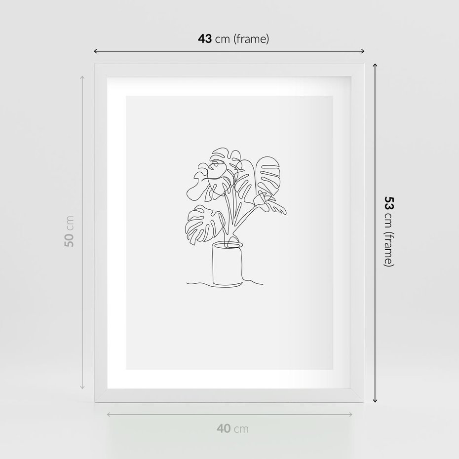 Plakat w ramie 40x50 - Tajemnicza Harmonia - sztuka one line, monstera - rama biała