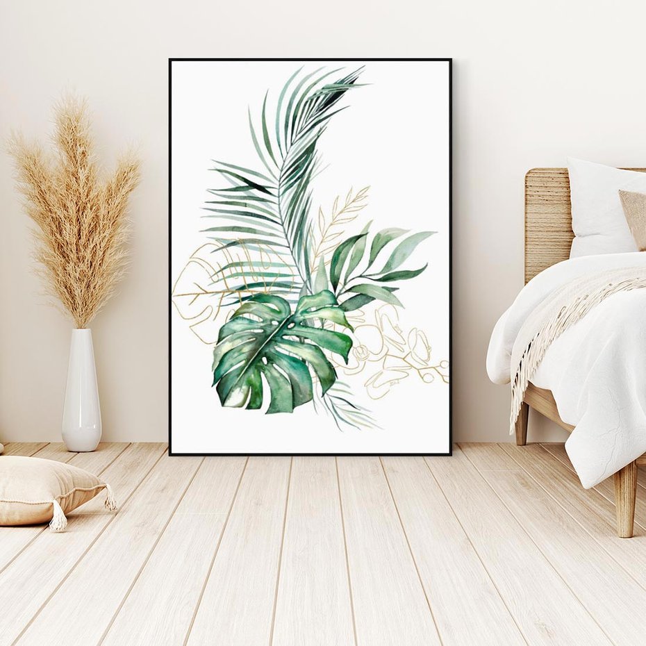 Obraz w ramie 70x100 - Luksus w Detalu - złote, liście - rama czarna