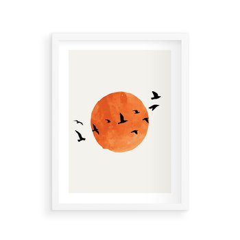 Plakat w ramie 40x50 - Zachód Słońca i Ptaki - grafika akwarela, czarne ptaki na tle zachodu słońca - rama biała