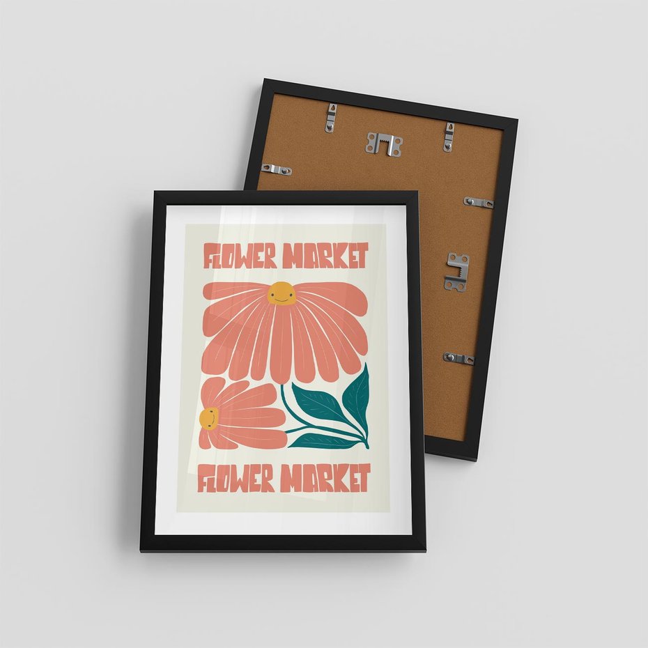 Plakat w ramie 30x40 - Grafika Pełna Radości - wesoła grafika, uśmiechnięte kwiaty - rama czarna