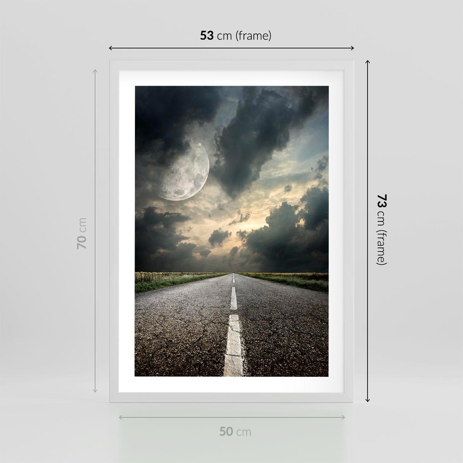 Plakat w ramie 50x70 - magia nocnej drogi - droga, księżyc - rama biała