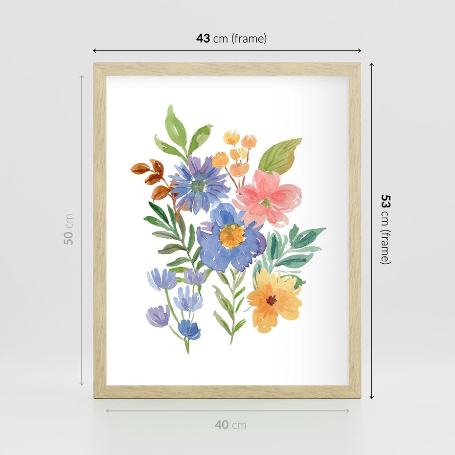 Plakat w ramie 40x50 - Kwiatowe Opowieści - akwarelowe polne kwiaty, minimalistyczna sztuka - rama drewno
