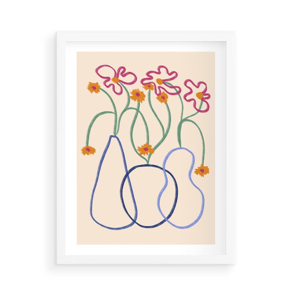 Plakat w ramie 50x70 - Migocące Pastelowe Impresje - minimalistyczny abstrakcyjny obraz, prymitywne kwiatki - rama biała