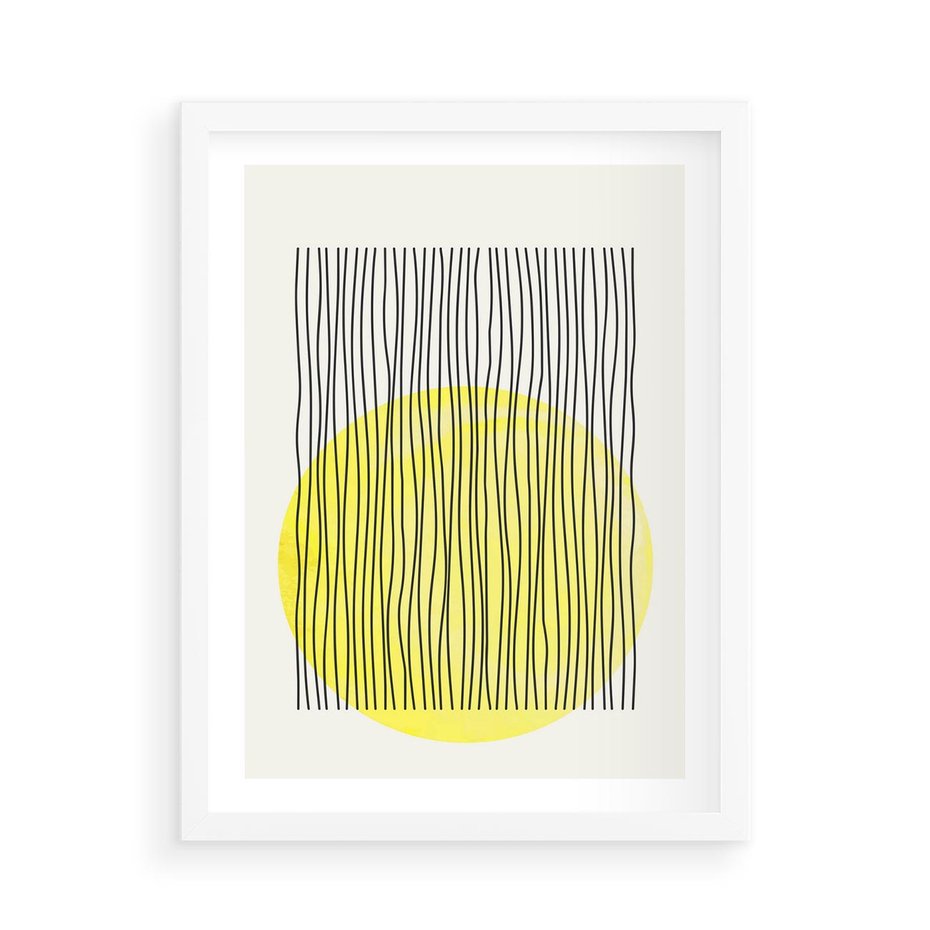 Plakat w ramie 50x70 - Ciepłe Przenikanie - geometria, żółte koło - rama biała