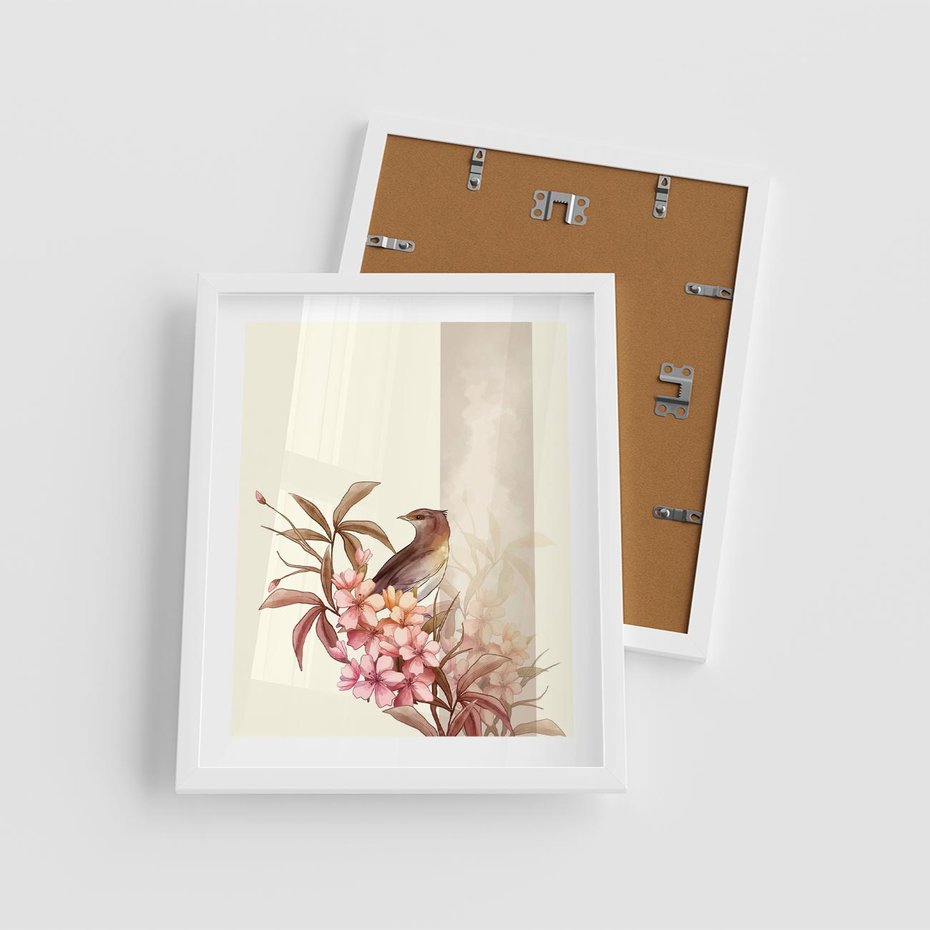 Plakat w ramie 40x50 - Kwiatowe Zanurzenie - japońska sztuka, ptak - rama biała