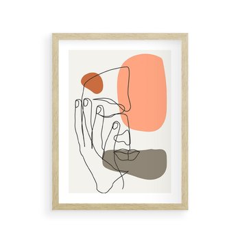 Plakat w ramie 50x70 - Ekspresja Kolorów: Szkic - one line szkic twarzy, kolorowe plamy - rama drewno