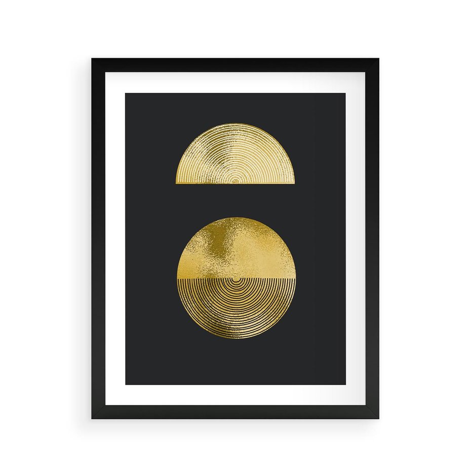 Plakat w ramie 40x50 - Migotliwe Przeniknięcia - złote koła, czarne tło - rama czarna