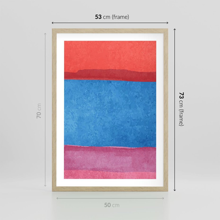 Plakat w ramie 50x70 - Migocące Formy - kolorowe akwarelowe pasy, odcienie czerwień - rama drewno