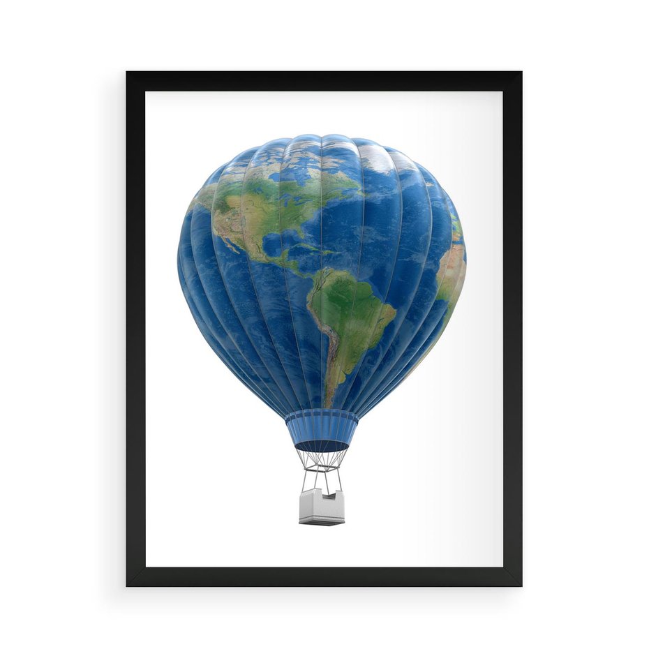 Plakat w ramie 50x70 - Podróżniczy balon nad ziemią - balon, ziemia - rama czarna