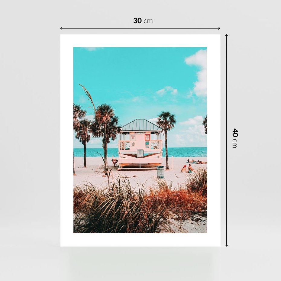 Plakat bez ramy 30x40 - Plaża, Palmy i Spokój Miami - budka ratownika, plaża Miami