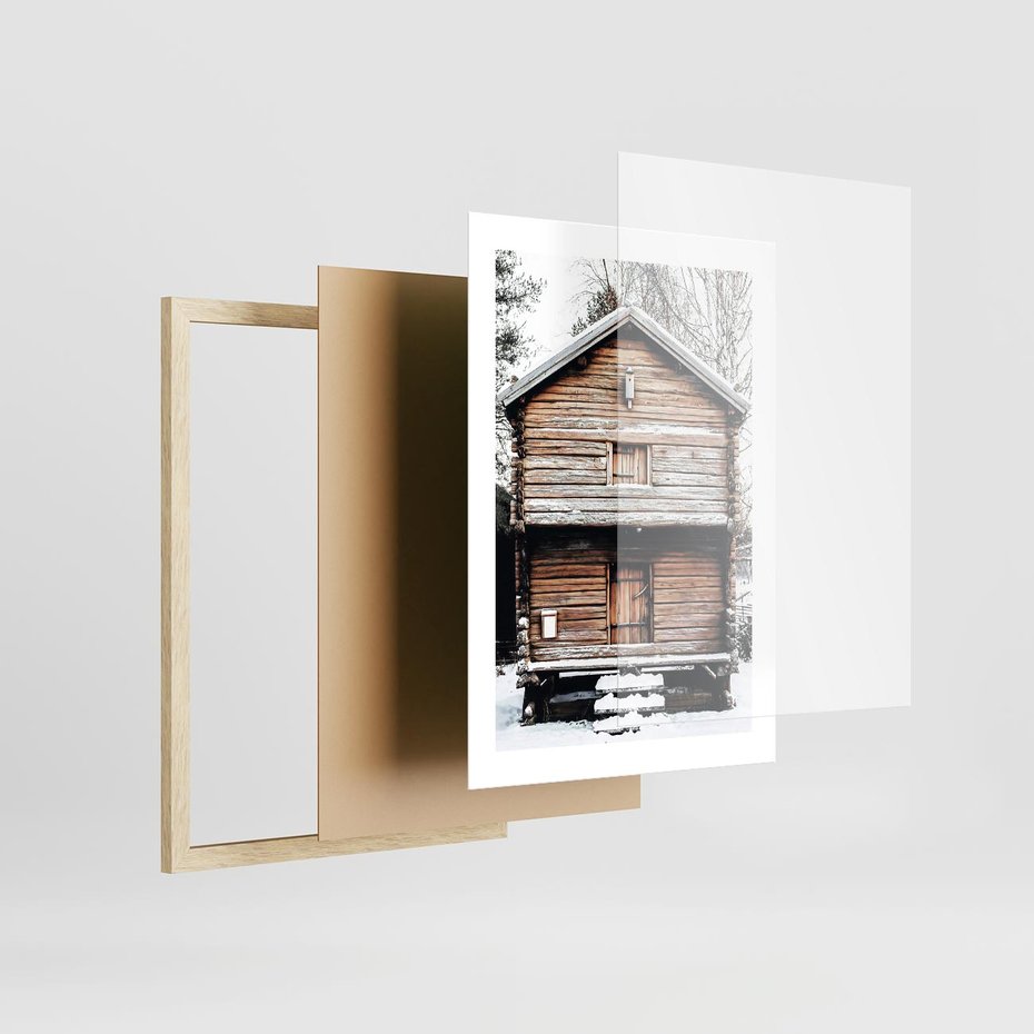 Plakat w ramie 30x40 - Śnieżny Ustronny Raj - domek w górach, śnieg - rama drewno