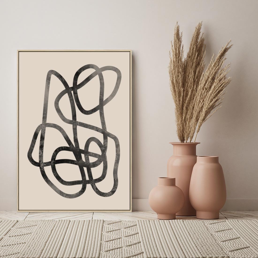 Obraz w ramie 80x120 - Przenikanie Wirtualnych Wymiarów - zaplątane minimalistyczne linie, na bezowym tle - rama drewno