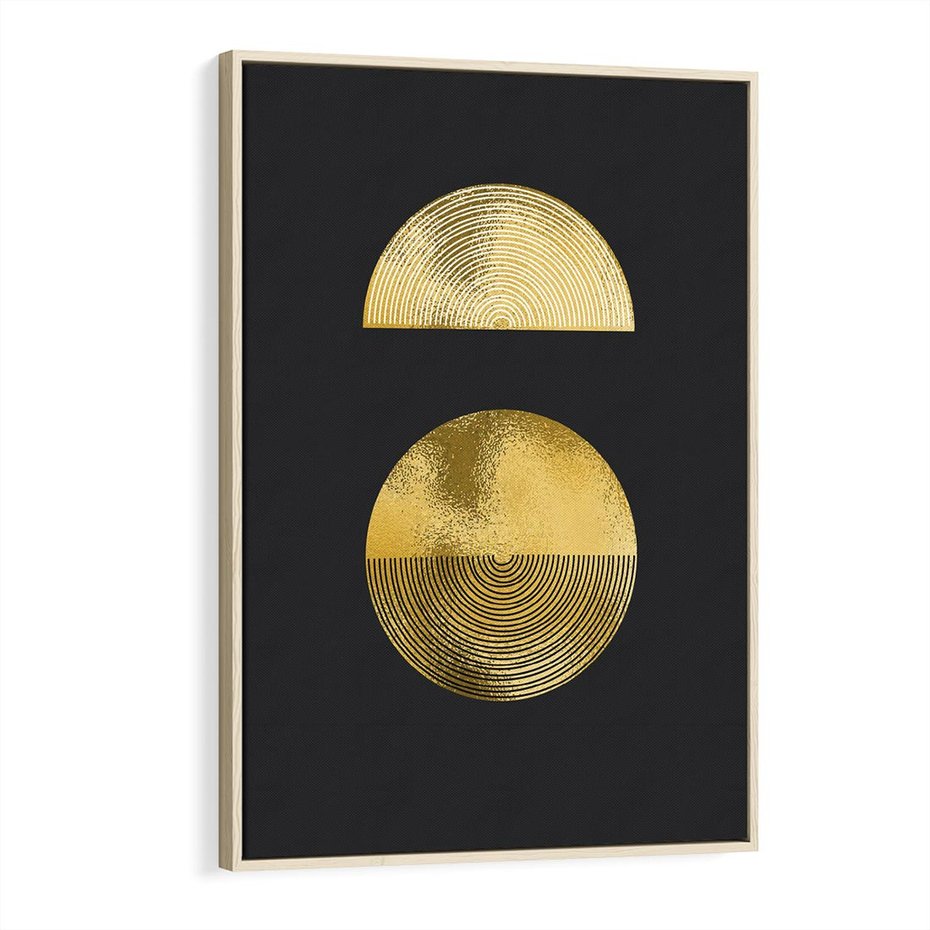 Obraz w ramie 70x100 - Migotliwe Przeniknięcia - złote koła, czarne tło - rama drewno