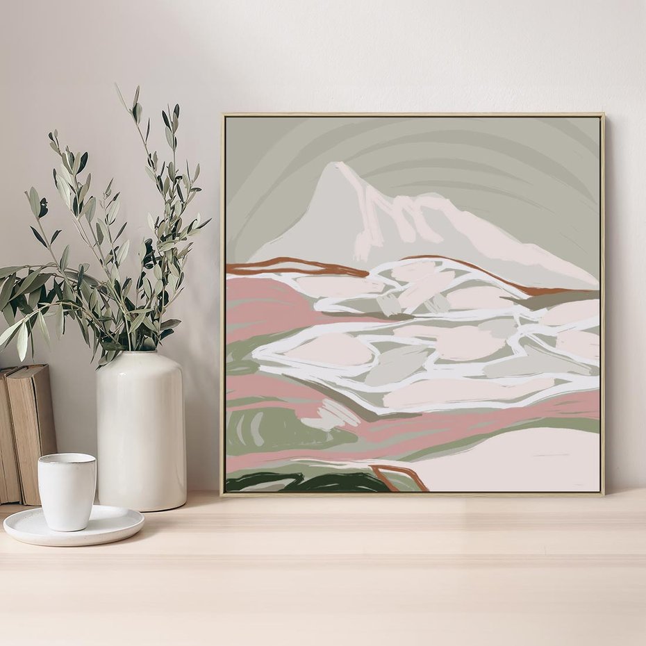 Obraz w ramie 50x50 - Szarawe Wzgórza - pastelowy krajobraz, nowoczesny plakat - rama drewno