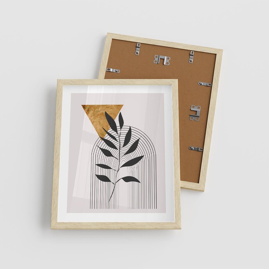 Plakat w ramie 40x50 - Geometria z Elementami Złota i Liści - grafika, złoto - rama drewno