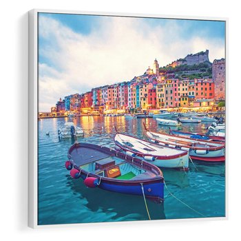 Obraz w ramie 50x50 - Tańczące kolory zachodu - nadmorskie kolorowe miast, kolorowe budynki na brzegu - rama biała