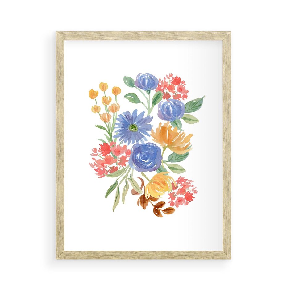 Plakat w ramie 50x70 - Kwiatowe Światło - akwarelowe kwiaty, bukiet - rama drewno