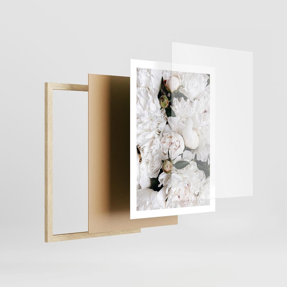 Plakat w ramie 50x70 - Modne Białe Kwiaty - białe kwiaty, płatki - rama drewno