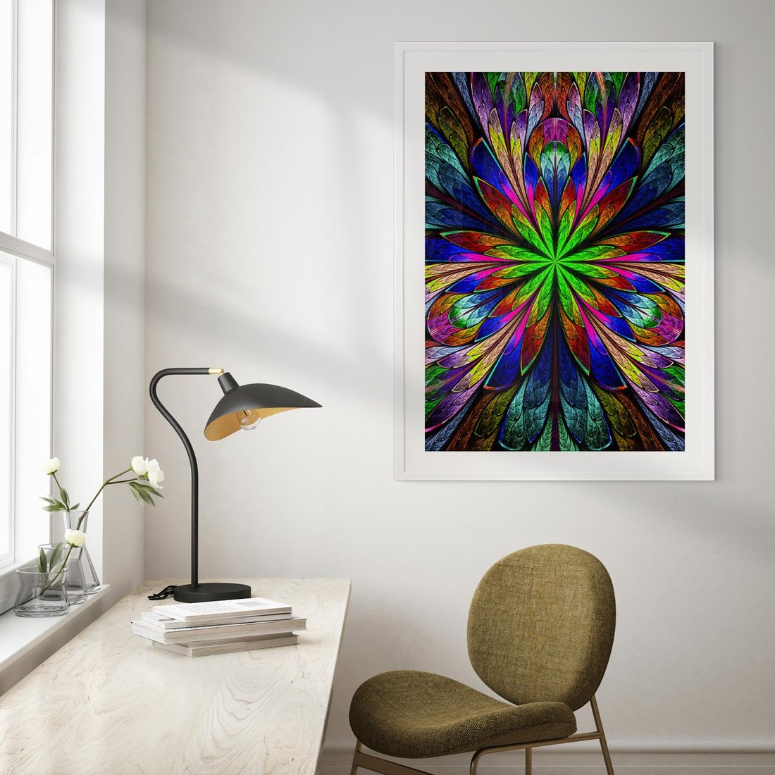 Plakat w ramie 30x40 - Witrażowa magia na płótnie - witraż, sztuka - rama biała