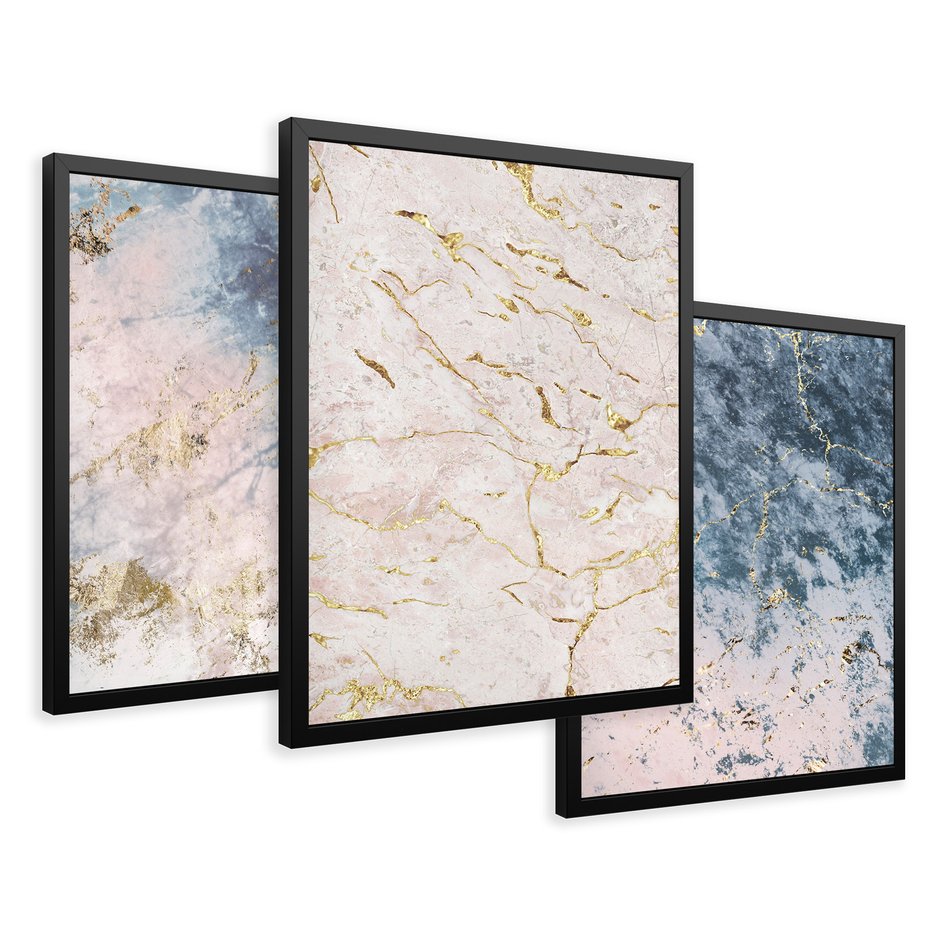 Zestaw obrazy w ramie 50x70 galeria - Marmur, złoto, błękit, turkus - rama czarna