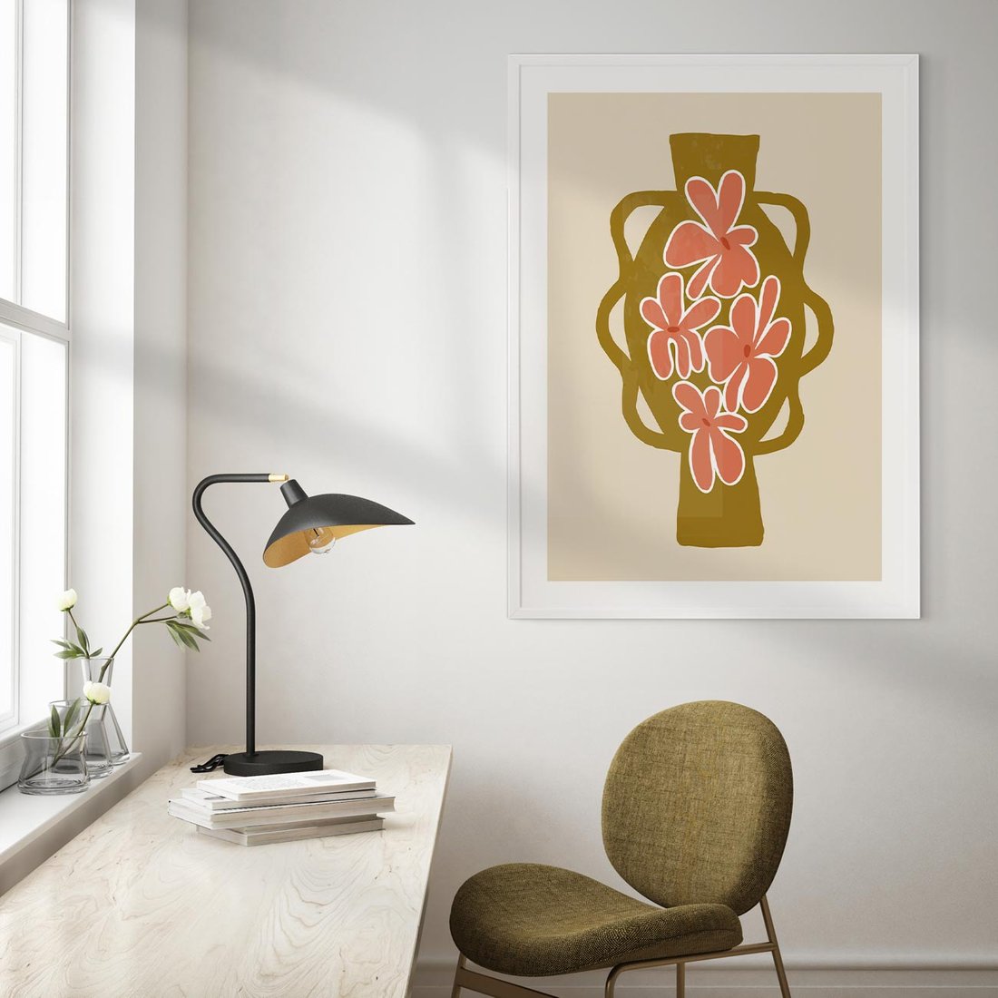 Plakat w ramie 50x70 - Rozbijające Formy - abstrakcyjny plakat, kwiaty na wazonie - rama biała