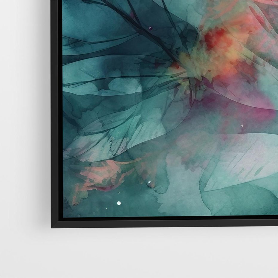 Obraz w ramie 50x50 - Subtelne Zielone - pastelowe zielone liście, róż - rama czarna