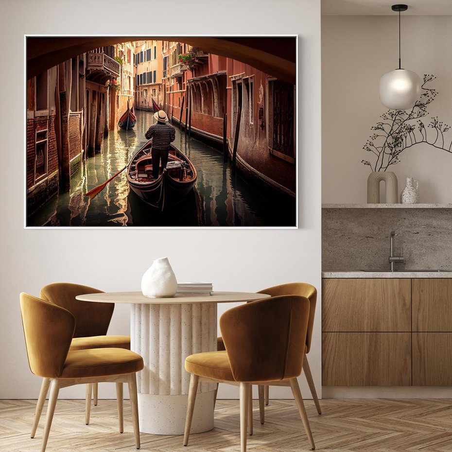 Obraz w ramie 120x80 - Spokojna Wenecja - gondolier w gondoli, kanały Wenecji - rama biała