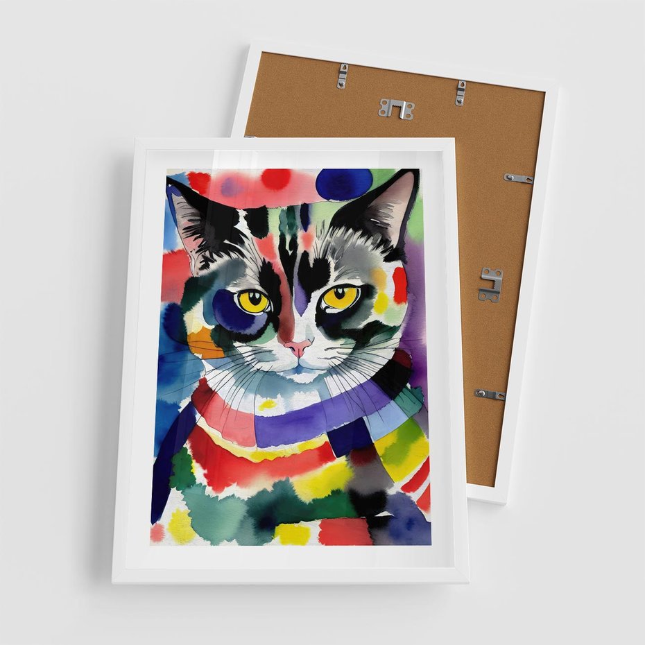 Plakat w ramie 50x70 - Koci Przyjaciel - abstrakcyjny obraz, akwarela - rama biała