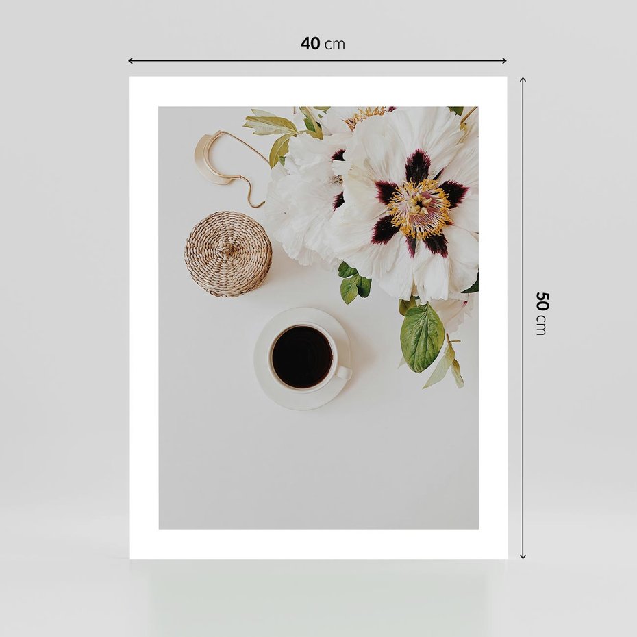 Plakat bez ramy 40x50 - Bukiet Kwiatów i Kawa na Stole - fotografia, na stole bukiet