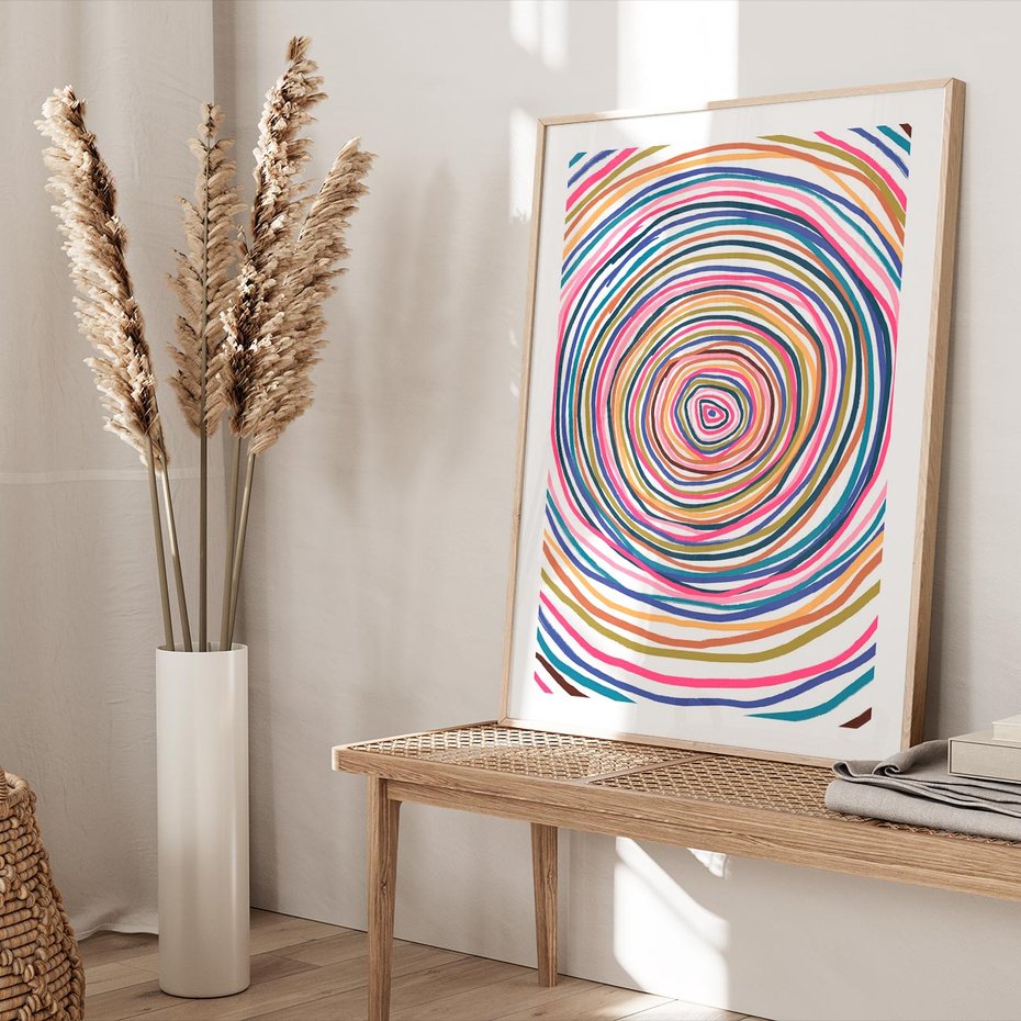 Plakat w ramie 50x70 - Cyrkulująca Harmonia - kolorowe etniczne wzory, tęczowe żywe kolory - rama drewno