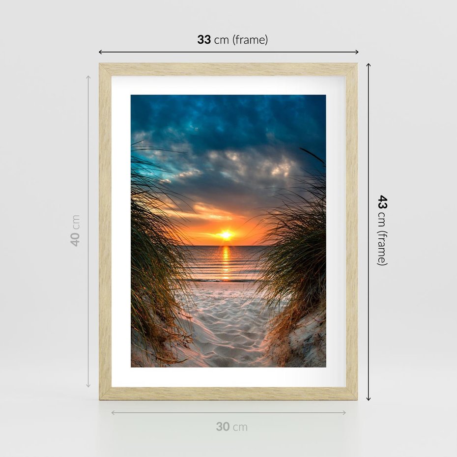 Plakat w ramie 30x40 - Magia zachodu słońca na plaży - zachód, słońca - rama drewno