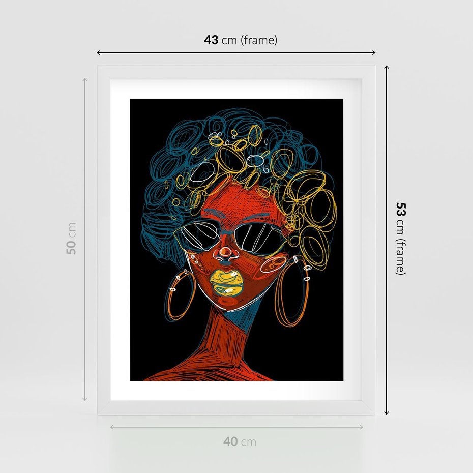 Plakat w ramie 40x50 - Kolorowe Wibracje Rzeczywistości - abstrakcyjny portret kobiety, twarz - rama biała