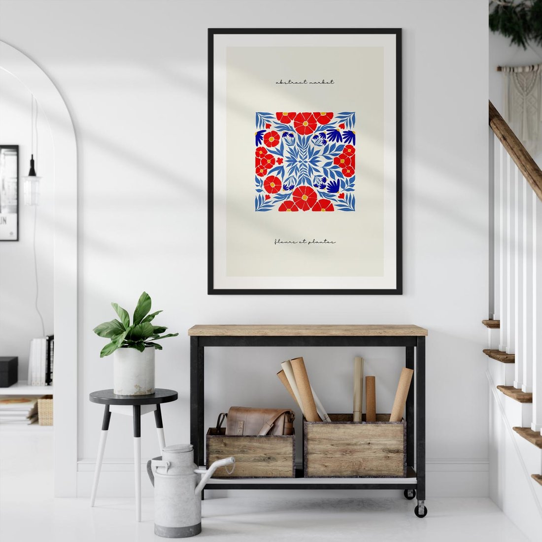 Plakat w ramie 50x70 - Tajemnicza Droga - nowoczesna kwiatowa kompozycja, czerwony i niebieski - rama czarna