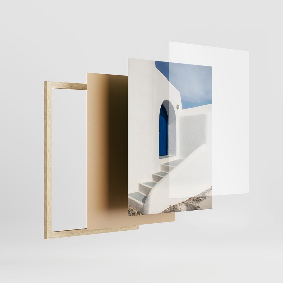 Zestaw obrazy w ramie 40x50 galeria - Santorini, morze, białe, domki - rama drewno