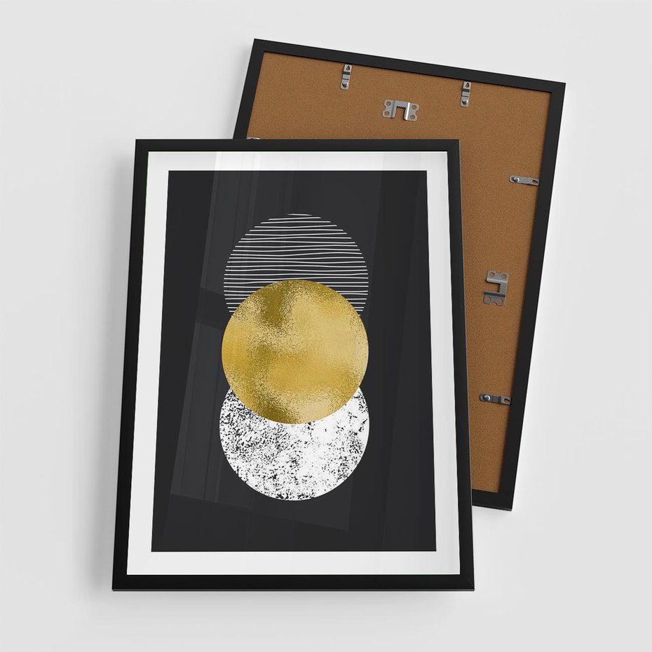Plakat w ramie 50x70 - Geometryczna Perfekcja: Złote Koło - geometryczna grafika, złote koło - rama czarna