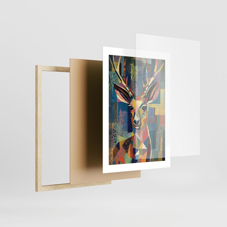 Plakat w ramie 30x40 - Bezgraniczne Kontury Zaskoczenia - abstrakcyjny obraz olejny, jeleń - rama drewno