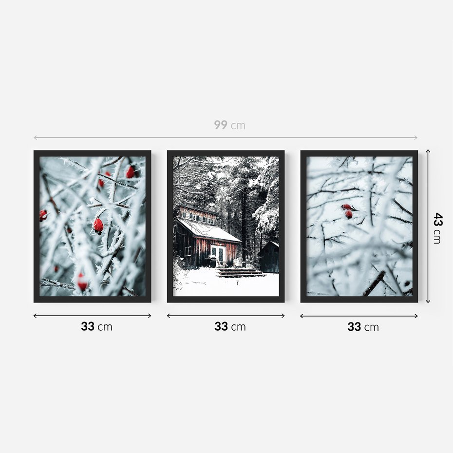 Zestaw obrazy w ramie 30x40 galeria - Zimowa, scenerai, domek, śnieg - rama czarna
