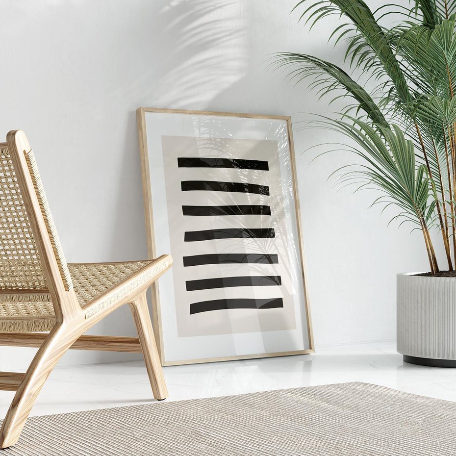 Plakat w ramie 30x40 - Strukturalna Rewolucja Form - minimalizm, czarne pasy - rama drewno